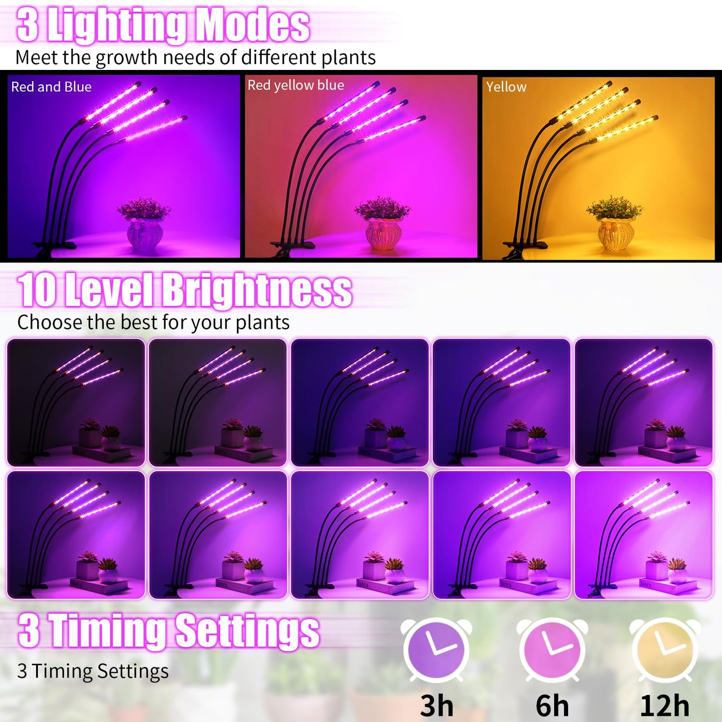 Skorter | Widicoko Led Grow Lights, 4 Heads Full Spectrum, Dimmable, Auto On/Off For Indoor Plants