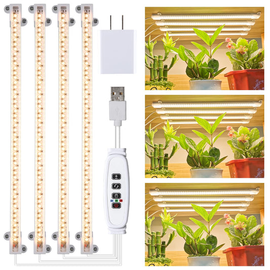 Skorter | LED Grow Light Strips For Indoor Plants Full Spectrum 3500K, 192 Leds Plant Light Bar With 3/9/12H Timer, 10 Dimmable Levels For Seedlings Succulent, 13 Inches, 4 Heads