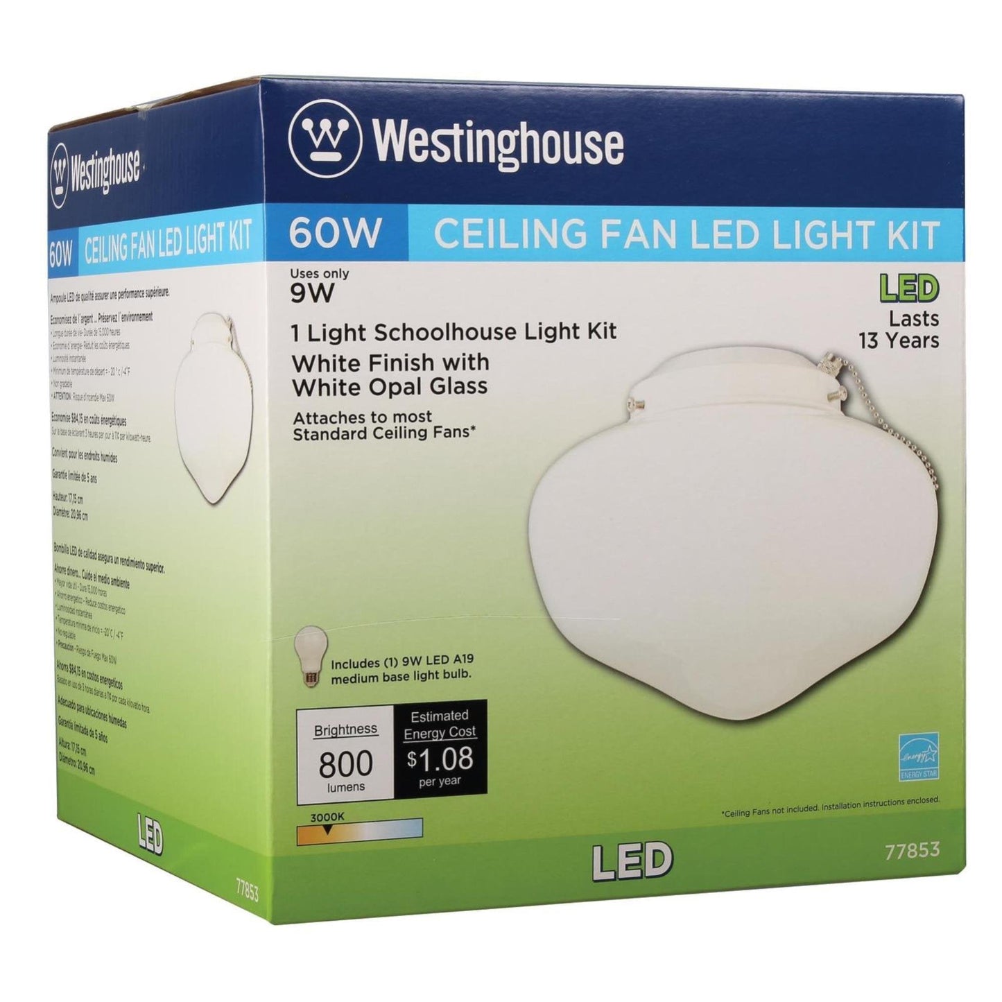 Skorter | Westinghouse Led Schoolhouse Light Kit, Indoor/Outdoor Ceiling Fan, White Finish, Opal Glass