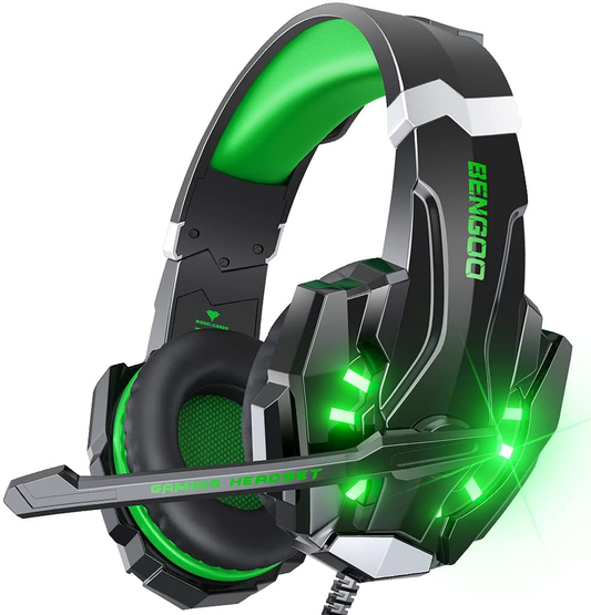 Skorter | Bengoo G9000 Stereo Gaming Headset For Ps4 Pc Xbox One Ps5 Controller, Noise-Canceling Over-Ear Headphones With Microphone, LED Light, Bass Surround, Soft Memory Ear Cushions For Laptop Mac - Green