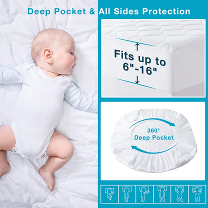 Skorter | Double bed size quilted water-repellent mattress protector, soft mattress protector for double bed, 6-16 inch deep pocket mattress cover, white