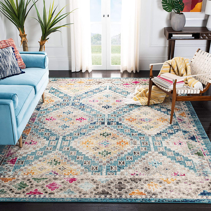 Skørter | Safavieh Madison Collection MAD418N Boho Diamond Distressed Non-Shedding Dining Room Entrance Hall Living Room Bedroom Area Rug, 5' x 5' Round, Dark Blue / Yellow