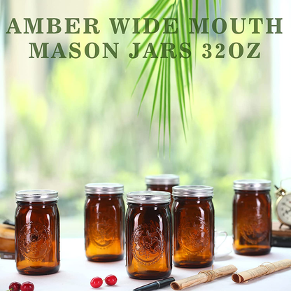 Skorter | Eleganttime Amber Glass Mason Jars 32 Oz Wide Mouth With Airtight Lids And Bands 6 Pack Large Glass Canning Mason Jars With Lids Quart Wide Mason Jars, Great For Canning Jar Pickle Fermenting Jam Jar