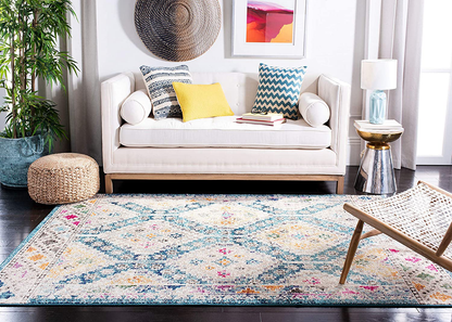 Skørter | Safavieh Madison Collection MAD418N Boho Diamond Distressed Non-Shedding Dining Room Entrance Hall Living Room Bedroom Area Rug, 5' x 5' Round, Dark Blue / Yellow