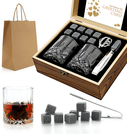 Skørter | Whisky Stones Gift Set - Whisky Glass Set with 2 - Granite Chilling Whisky Stones - Scotch Bourbon Whisky Glass Gift Box Set - Best Drink Gifts for Men Dad Man Birthday Party Holiday Gift
