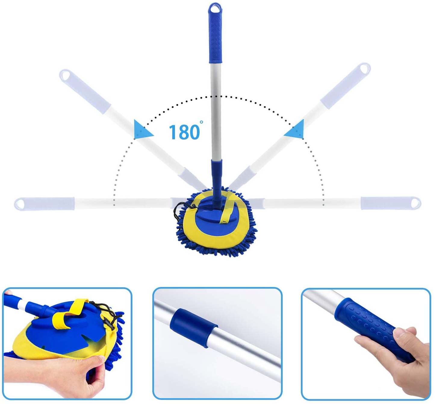 Skorter | 2 In 1 Microfiber Car Wash Mitt With 45" Aluminum Alloy Long Handle, Chenille Car Cleaning Set Brush Duster With Scratch Resistant For Washing Car/Truck/RV, 2 Mop Heads And 1 Towel And Vent Duster