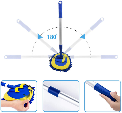 Skorter | 2 In 1 Microfiber Car Wash Mitt With 45" Aluminum Alloy Long Handle, Chenille Car Cleaning Set Brush Duster With Scratch Resistant For Washing Car/Truck/RV, 2 Mop Heads And 1 Towel And Vent Duster