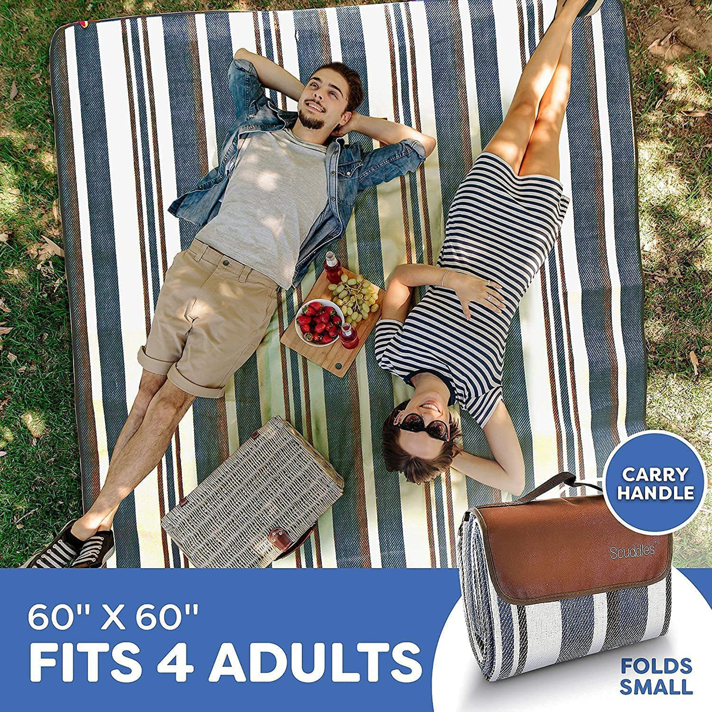 Skørter | Extra Large Picnic Blanket Double Layer for Outdoor Waterproof Practical Food Tote Our Summer Blue and White Striped for the Beach, Camping on Grass