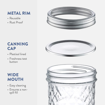 Skorter | Checked Wide Mouth Glass Mason Jars - 16-Ounce (6-Pack) Canning Jars with Lids and Bands, Table Markers, for Canning, Preservation, Pickling, Meal Prep, Jam, Jelly, Overnight Oats, Dishwasher Safe