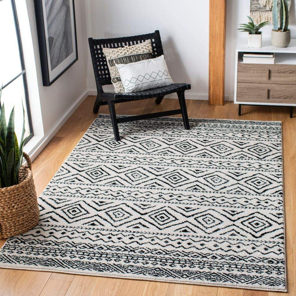 Skørter | Safavieh Tulum Collection TUL267D Moroccan Boho Distressed Non-Shedding Living Room Bedroom Dining Room Home Office Area Rug, 5'3" x 7'6", Ivory / Black