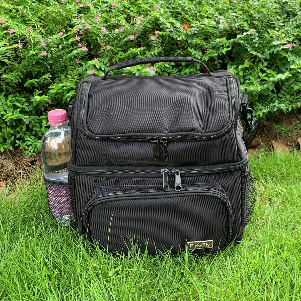 Skorter | Flowfly Adult Lunch Bag Insulated 2 Spacious Compartments Thermal Lunch Box Large Reusable Double-Decker Tote Cooler Bag With Removable Shoulder Strap For Men Women Children, Black