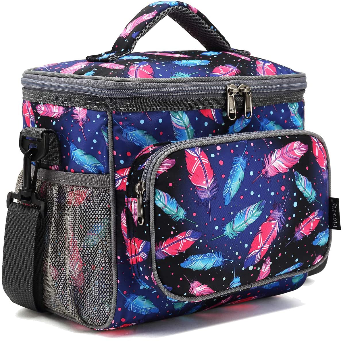 Skorter | Flowfly Insulated Reusable Lunch Bag Adult Large Lunch Box For Women And Men With Adjustable Shoulder Strap Front Zipper Pocket And Double Large Mesh Side Pockets, Colorful Feather