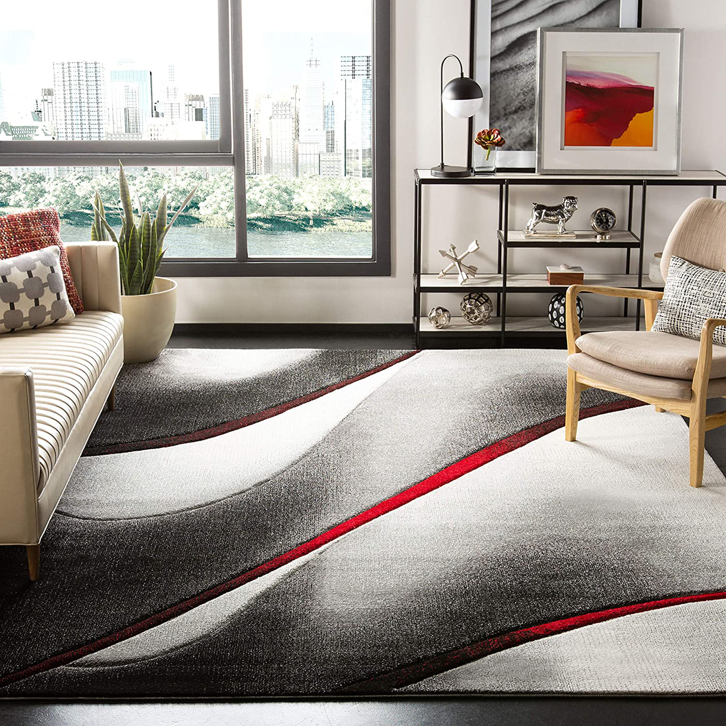Skørter | Safavieh Hollywood Collection HLW712K Mid-Century Modern Non-Shedding Stain Resistant Living Room Bedroom Area Rug, 4' x 4' Round, Gray / Red