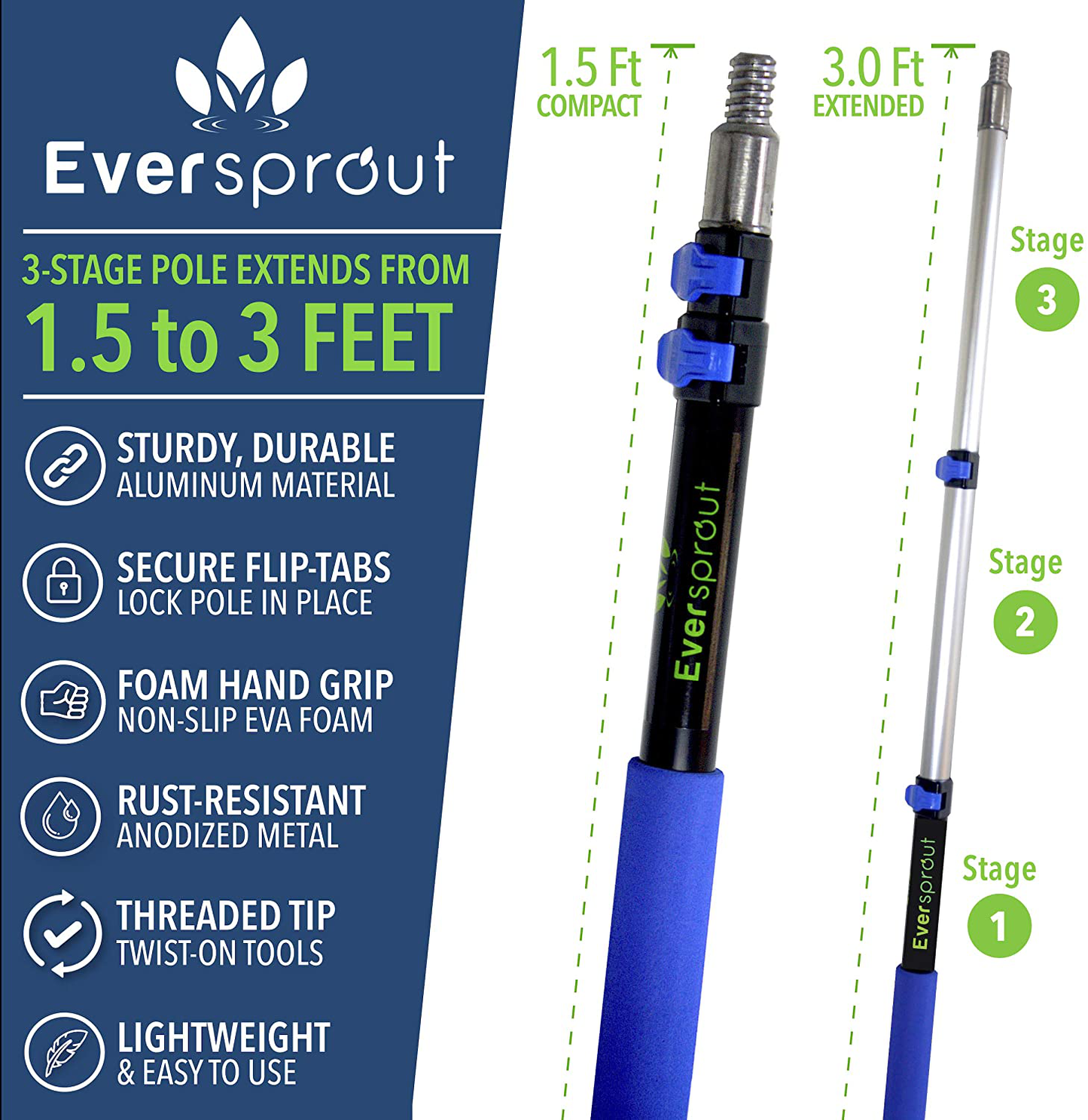 Skorter | Eversprout 1.5-to-3.5 Foot Scrubber Brush | Built-in Rubber Bumper | Lightweight Extendable Handle | Soft Bristles Wash Car, Vehicle, Boat, Solar Panel, Deck | No Scratch Brush