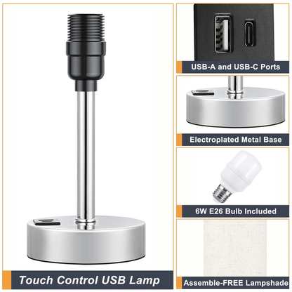 Skorter | 3 Ways Dimmer Touch Lamp, USB C&A Fast Charging Ports