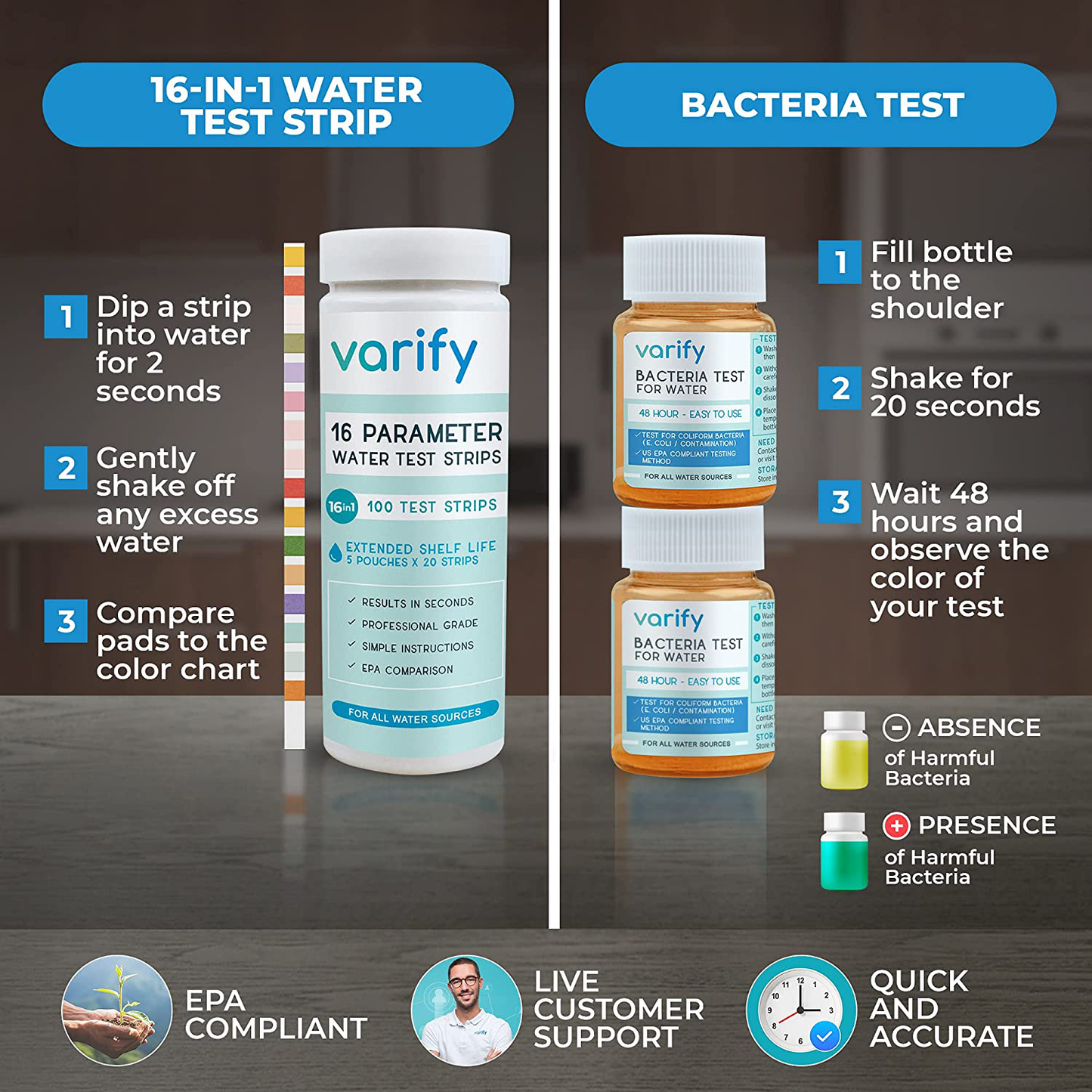 Skorter | 17 in 1 Premium Drinking Water Test Kit - 100 Strips + 2 Bacteria Tests - Home Water Quality Test - Brown Water and Tap Water - Easy Testing for Lead, Bacteria, Hardness, Fluoride, pH, Iron, Copper and more!