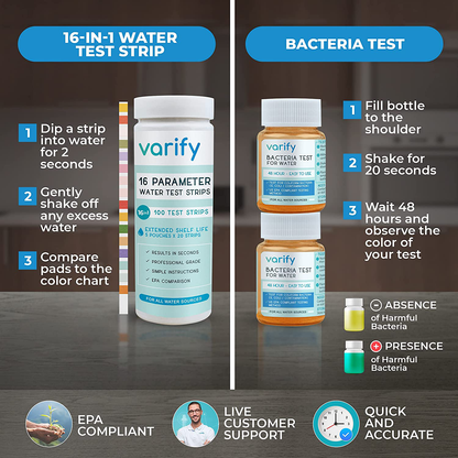 Skorter | 17 in 1 Premium Drinking Water Test Kit - 100 Strips + 2 Bacteria Tests - Home Water Quality Test - Brown Water and Tap Water - Easy Testing for Lead, Bacteria, Hardness, Fluoride, pH, Iron, Copper and more!