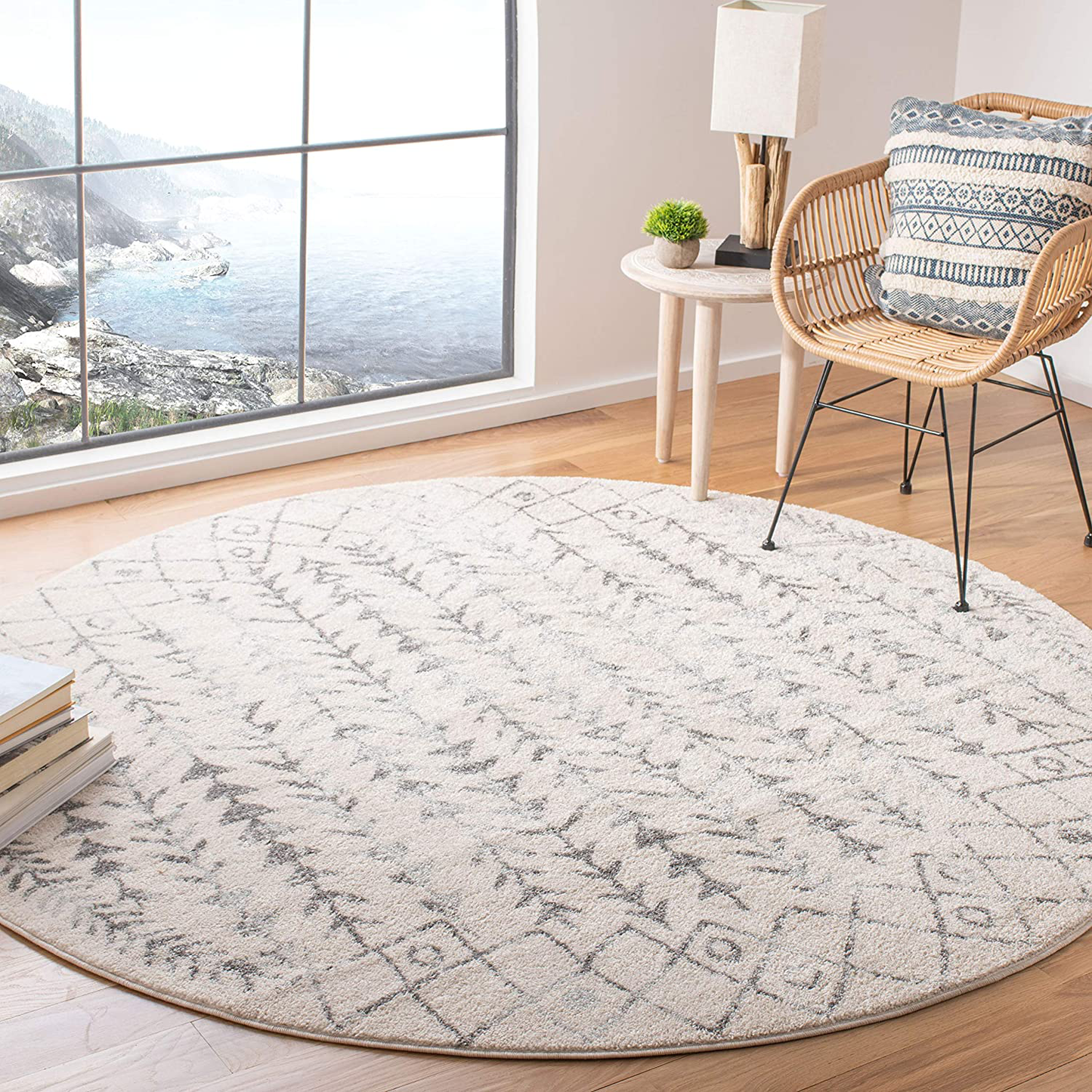 Skørter | Safavieh Tulum Collection TUL267A Moroccan Boho Distressed Non-Shedding Dining Room Entry Foyer Living Room Bedroom Area Rug, 5' x 5' Round, Ivory / Gray