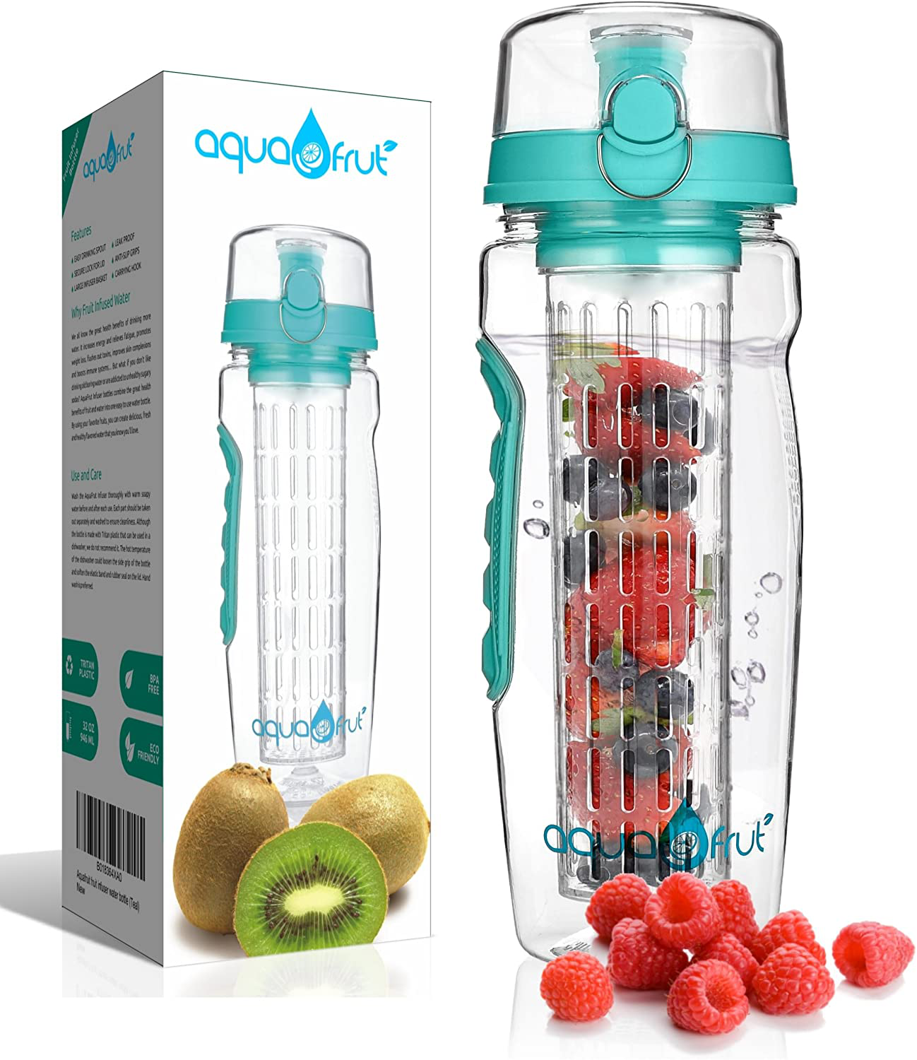 Skorter | AquaFrut 32 OZ Fruit Infuser Water Bottle BPA-Free Fruit Infusion Sports Bottle - Flip Top Lid with Drinking Spout, Leak-Proof, Made of Durable Tritan. Free Recipe eBook! (Teal)
