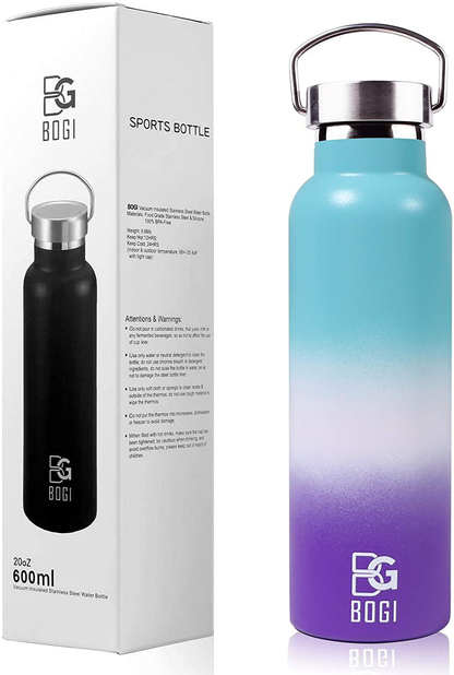 Skorter | BOGI 20oz Double-walled vacuum insulated stainless steel water bottle - Scratch resistant & eco-friendly for outdoor sports yoga camping + straw flip-cap, 2 straws & cleaning brush
