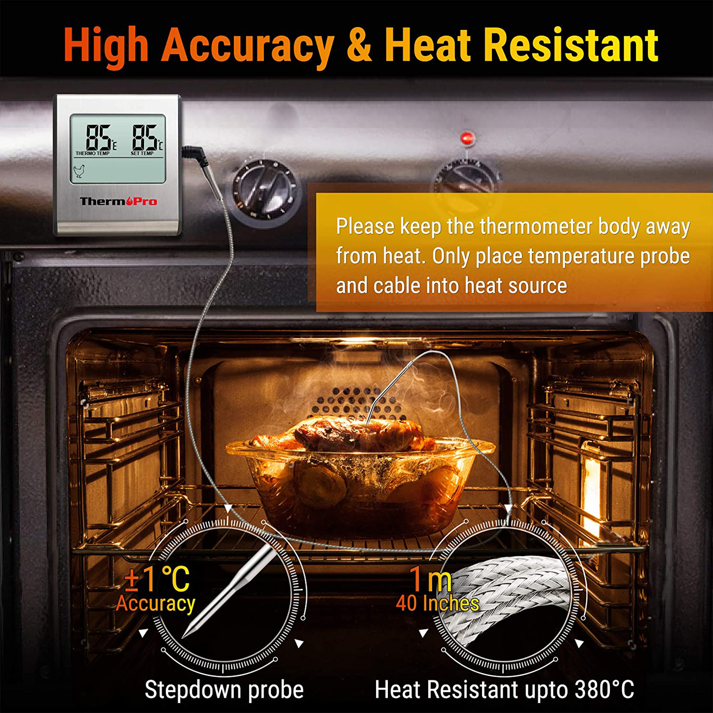 Skorter | ThermoPro TP-16 Large LCD Digital Cooking Meat Smoker Kitchen BBQ Grill Thermometer Clock Timer with Steel Probe