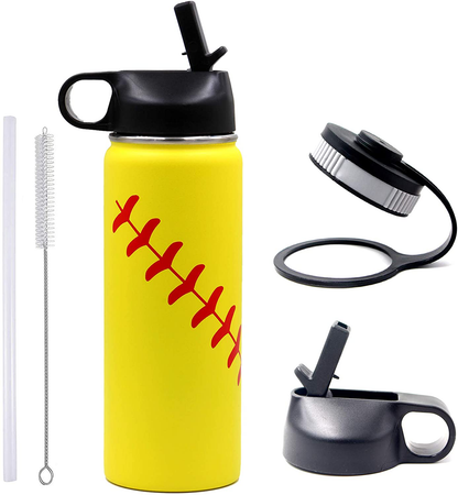 Skorter | 40 oz Softball Baseball Water Bottle, Thermosport with 2 Caps 18/8 Stainless Steel Mug Double Wall Vacuum Insulated Hot/Cold (40oz, Yellow Softball)