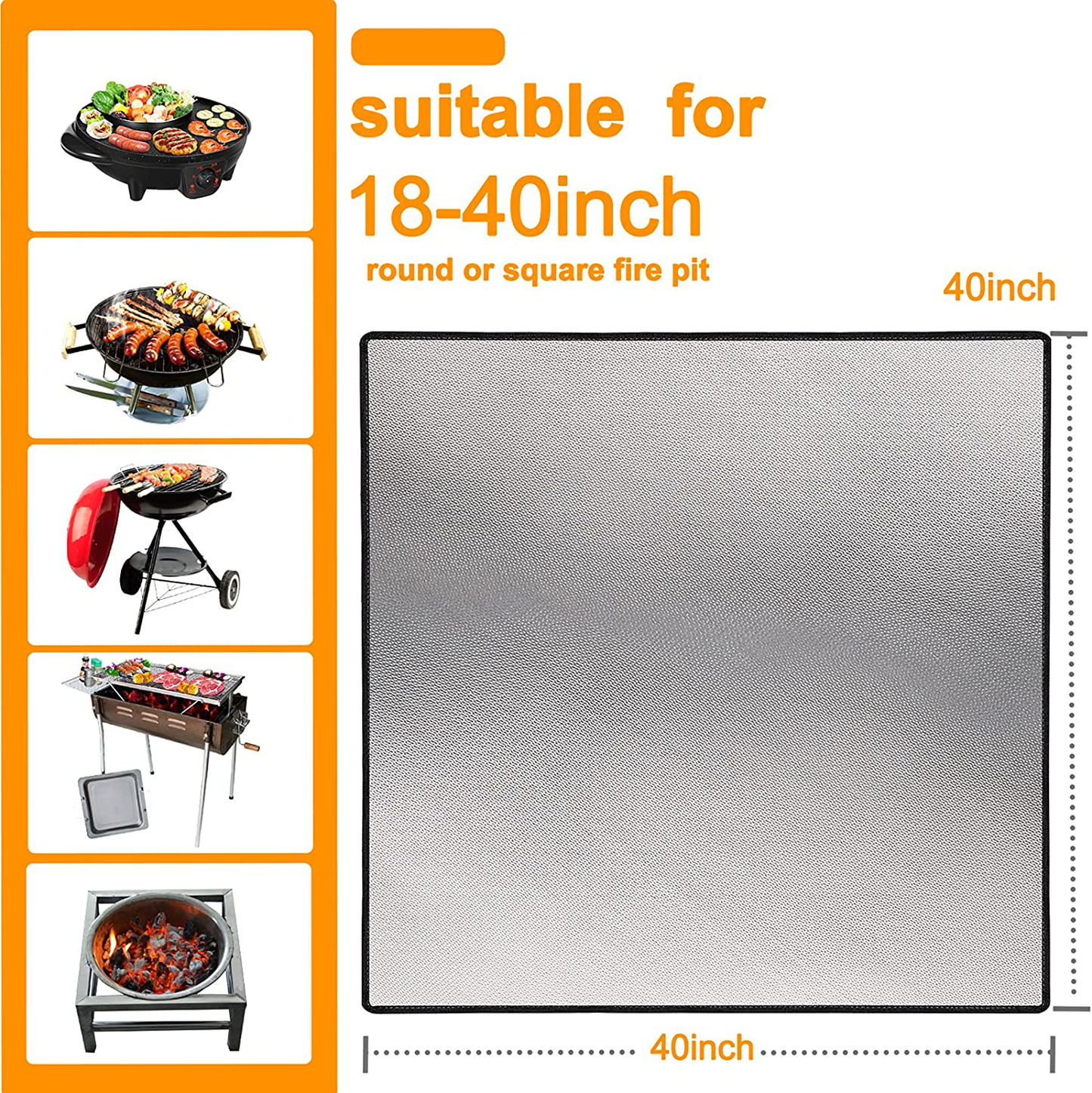 Skørter | 40" Square Fire Pit Mat Grill Mat, DocSafe Fire Resistant Mat 3 Layer Fire Pit Pad for Deck Patio Grass Outdoor Wood Burning Fire Pit and BBQ Smokers, Easy to Clean, Black & Silver