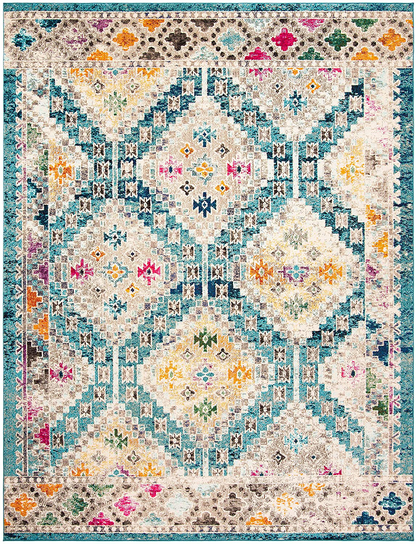 Skørter | Safavieh Madison Collection MAD418N Boho Diamond Distressed Non-Shedding Dining Room Entrance Hall Living Room Bedroom Area Rug, 5' x 5' Round, Dark Blue / Yellow
