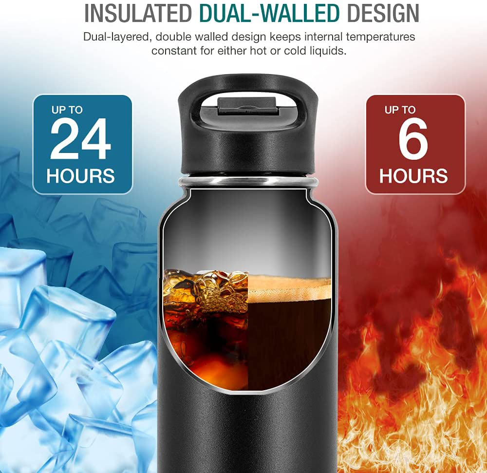 Skørter | Dione Water Bottle 40 oz. Bottle Double Wall Stainless Steel & Vacuum Insulated (Black) Sport Hydro Container for Home, Office, School, Outdoor Camping (Standard Mouth / Leak-proof / BPA-free Cap)