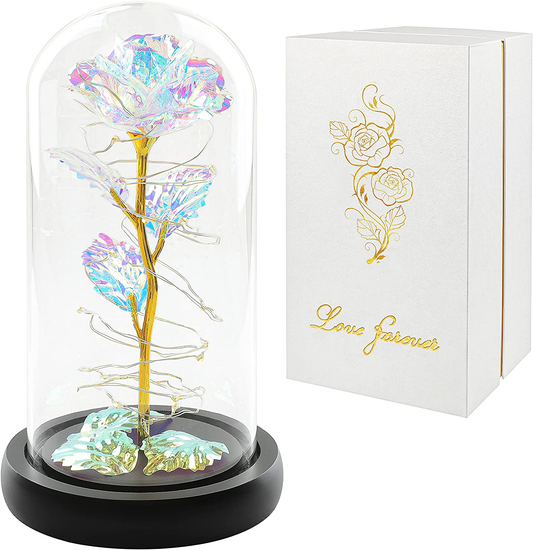 Skorter | Christmas rose gift for her, Gift for women, birthday gifts, colorful artificial flower rose gift, LED light wire on colorful flower, lasts forever in a glass dome, unique gift for her, thank you gift