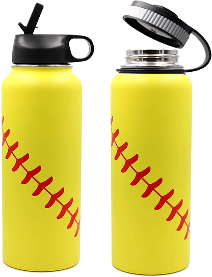 Skorter | 40 oz Softball Baseball Water Bottle, Thermosport with 2 Caps 18/8 Stainless Steel Mug Double Wall Vacuum Insulated Hot/Cold (40oz, Yellow Softball)