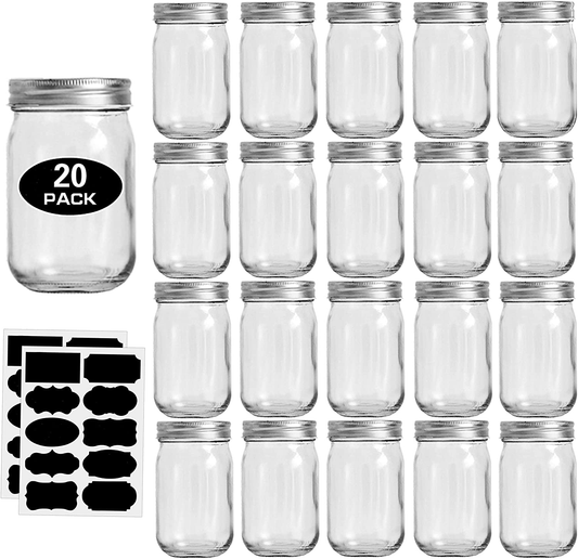 Skorter | 12oz Glass Jars With Lids Regular Mouth 20 Pack -Mason Jars 12 Oz For Crafts, Meal Prep, Canning Jars For Food Storage Glass Jars With Lid For Preserves-With 20 Chalkboard Stickers-Silver Lid