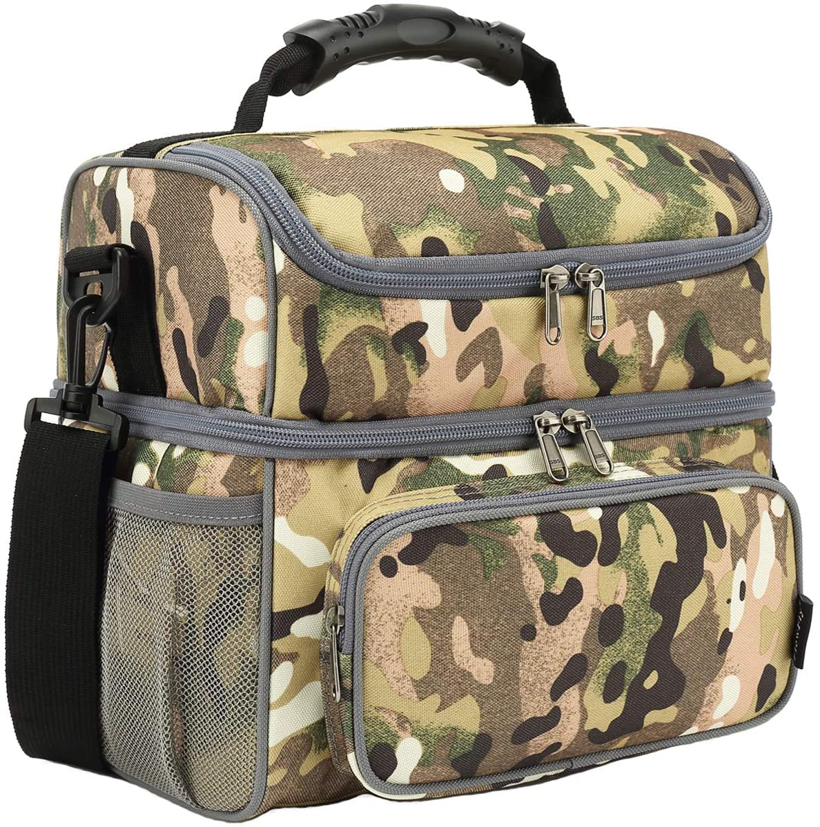 Skorter | Flowfly Double Layer Cooler Insulated Lunch Bag Adult Lunch Box Large Tote Bag For Men, Women, With Adjustable Strap, Front Pocket And Double Large Mesh Side Pockets, Multicam