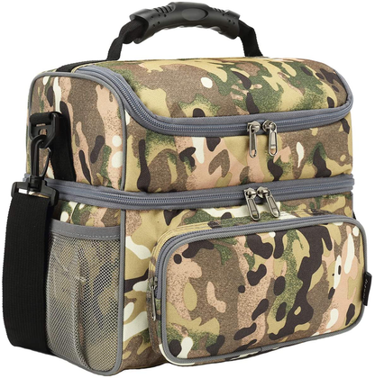 Skorter | Flowfly Double Layer Cooler Insulated Lunch Bag Adult Lunch Box Large Tote Bag For Men, Women, With Adjustable Strap, Front Pocket And Double Large Mesh Side Pockets, Multicam