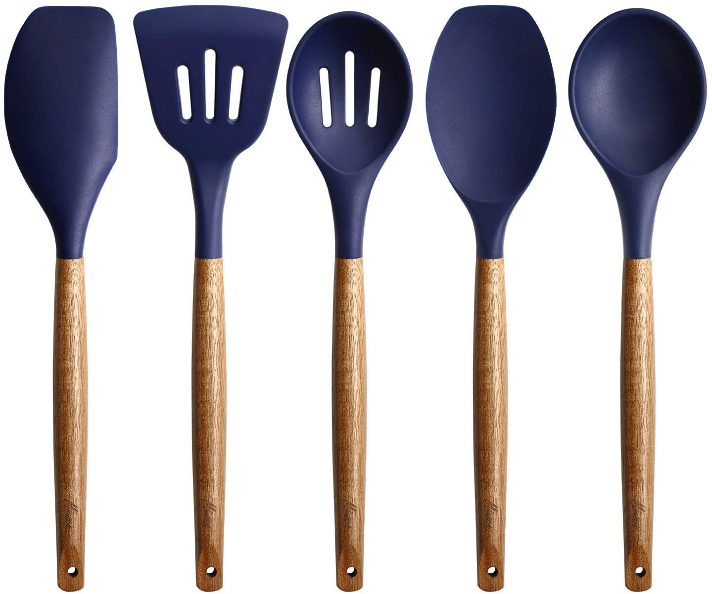 Skørter | Miusco Non-Stick Silicone Kitchen Utensil Set with Natural Acacia Hardwood Handle, 5 Double-Sided, Gray, High Heat Resistant