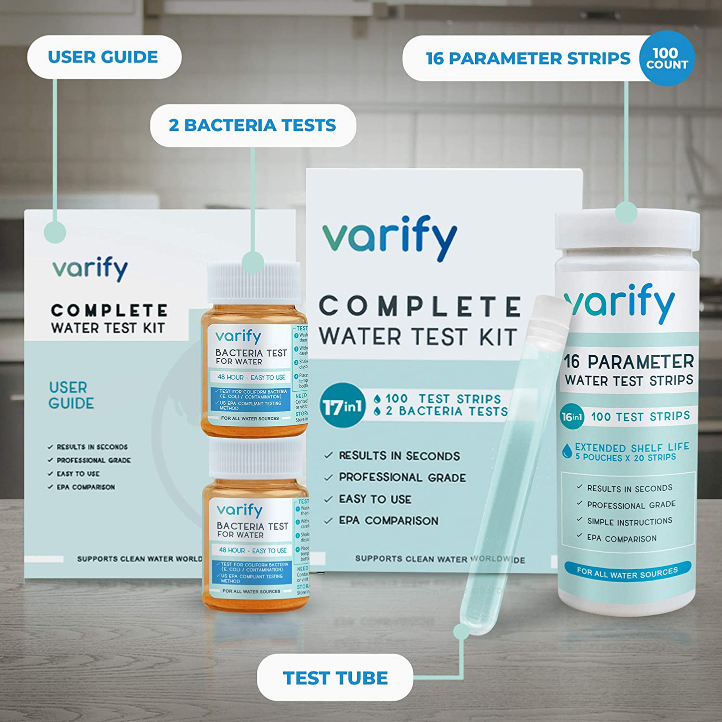 Skorter | 17 in 1 Premium Drinking Water Test Kit - 100 Strips + 2 Bacteria Tests - Home Water Quality Test - Brown Water and Tap Water - Easy Testing for Lead, Bacteria, Hardness, Fluoride, pH, Iron, Copper and more!