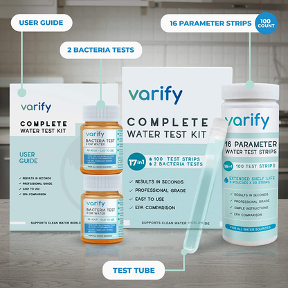 Skorter | 17 in 1 Premium Drinking Water Test Kit - 100 Strips + 2 Bacteria Tests - Home Water Quality Test - Brown Water and Tap Water - Easy Testing for Lead, Bacteria, Hardness, Fluoride, pH, Iron, Copper and more!