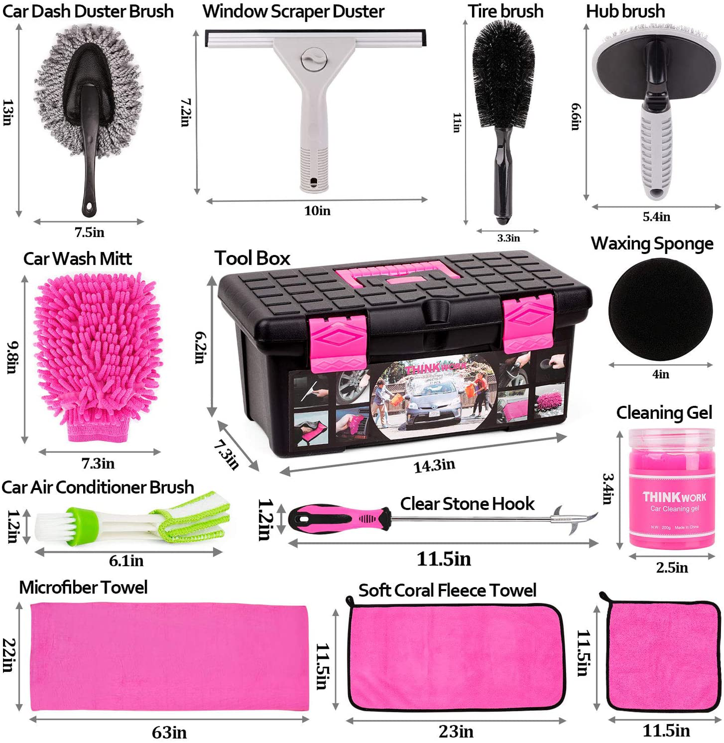 Skørter | Car Wash Kit, Pink Car Cleaning Kit Interior and Exterior, Car Accessories for Women - Cleaning Gel, Microfiber Cleaning Cloth, Car Wash Mitt, Duster, Squeegee, Microfiber Wax Applicator (17 pieces)