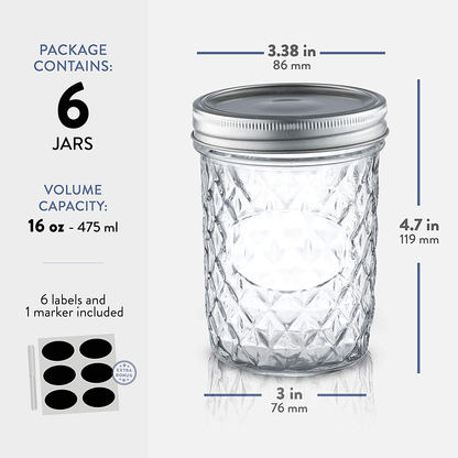 Skorter | Checked Wide Mouth Glass Mason Jars - 16-Ounce (6-Pack) Canning Jars with Lids and Bands, Table Markers, for Canning, Preservation, Pickling, Meal Prep, Jam, Jelly, Overnight Oats, Dishwasher Safe