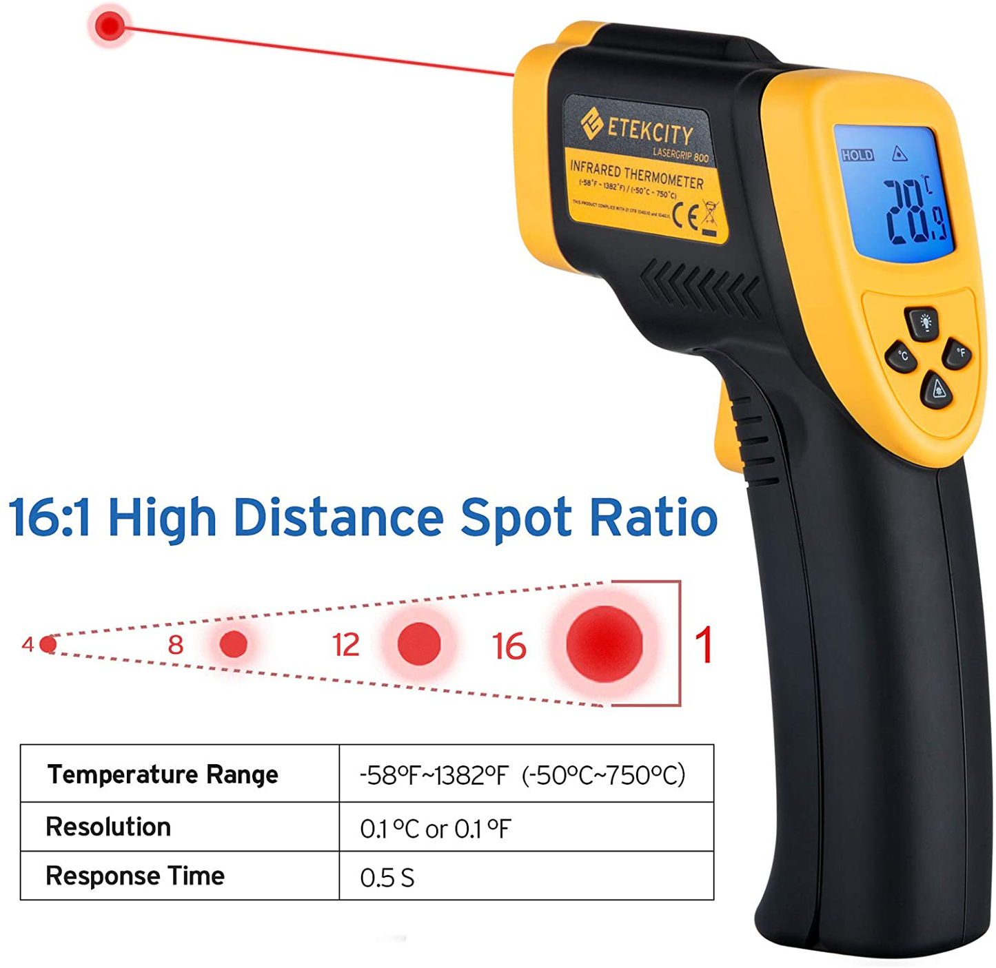 Skorter | Etekcity Infrared Thermometer 800 (Not for humans) Non-Contact Digital Temperature Gun, 16:1 DTS Ratio, 58℉ to 1382℉ (-50℃ to 750℃), Yellow and Black