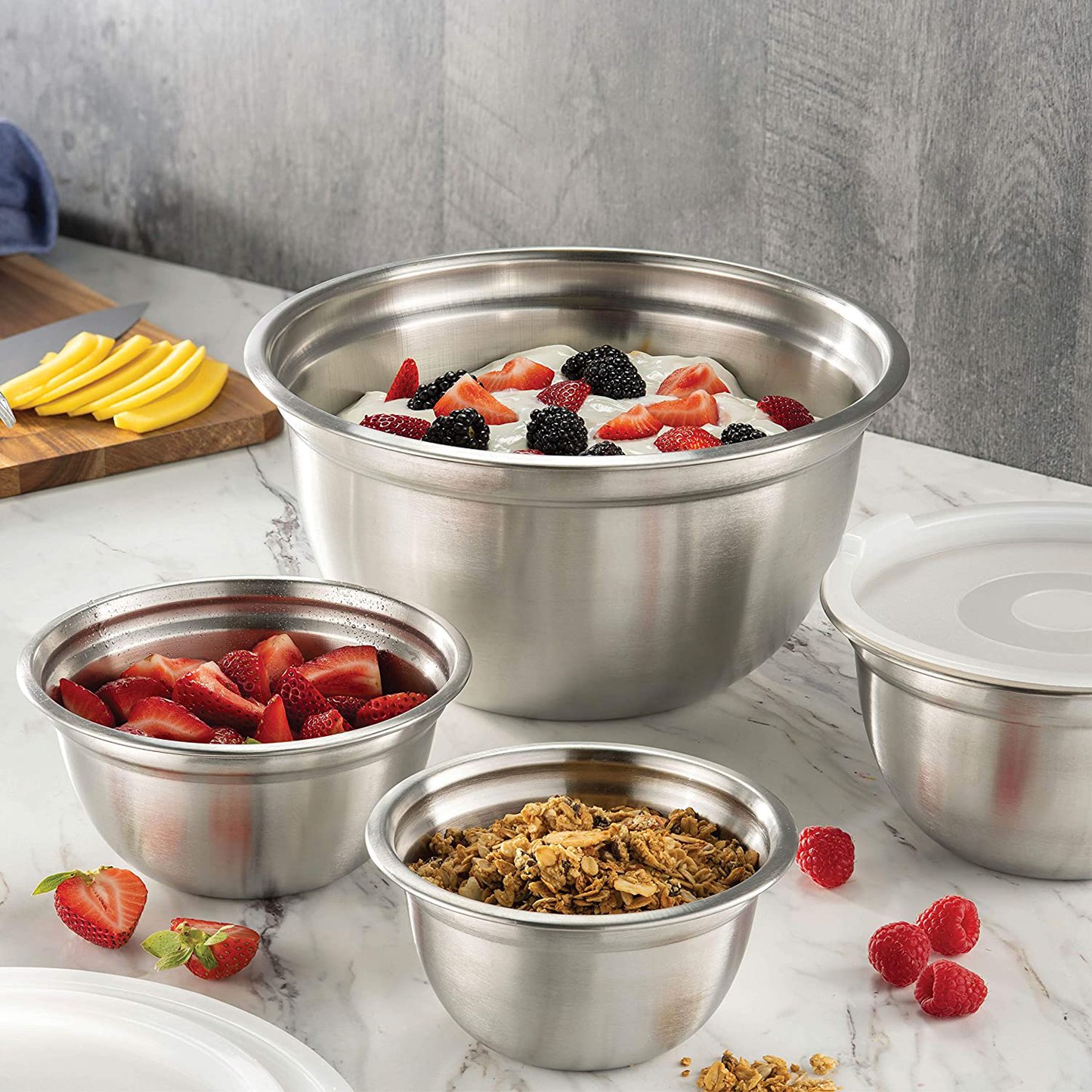 Skørter | Premium Stainless Steel Mixing Bowls with Tight Lids (Set of 5) Stackable Bowls for Space-Saving Storage, Easy Grip & Stability Design Mixing Bowl Set Versatile for Cooking, Baking, & Food Storage