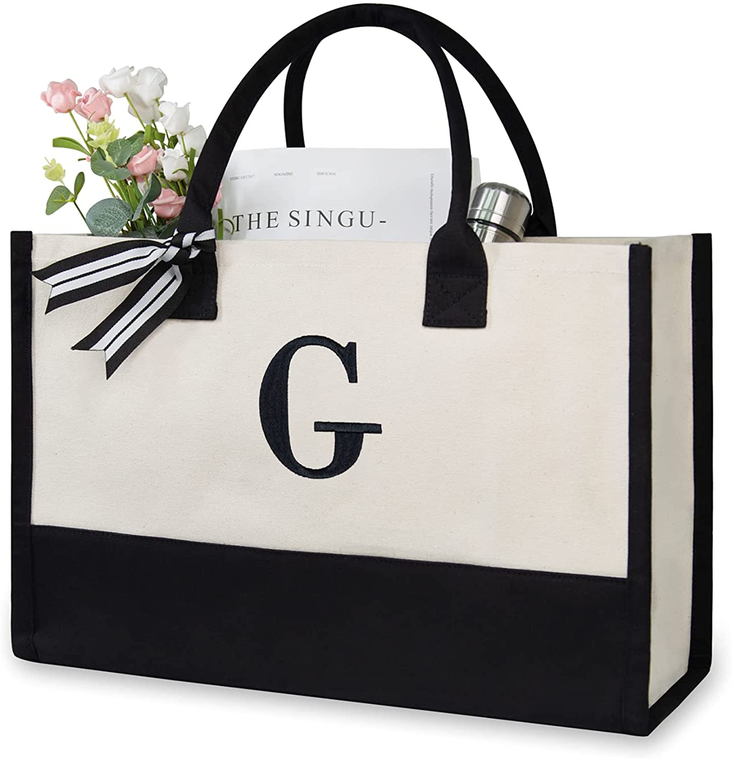Skorter | Personal Initial Canvas Beach Bag, Monogram Gift Tote Bag for Women