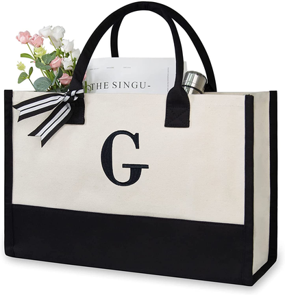Skorter | Personal Initial Canvas Beach Bag, Monogram Gift Tote Bag for Women