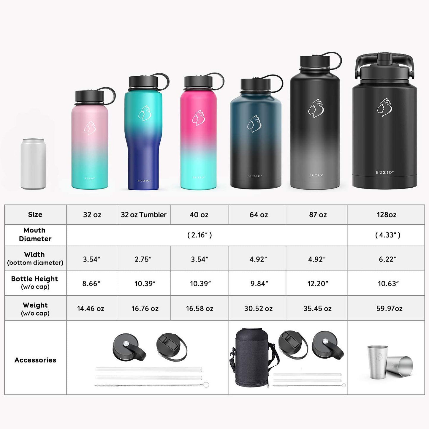 Skorter | BUZIO Insulated Water Bottle with Straw Lid and Flex Cap, 32oz, 40oz, 64oz, 87oz Modern Double Vacuum Stainless Steel Water Bottle, Cold for 48 Hours Hot for 24 Hours Easy Thermos Mug, BPA-Free