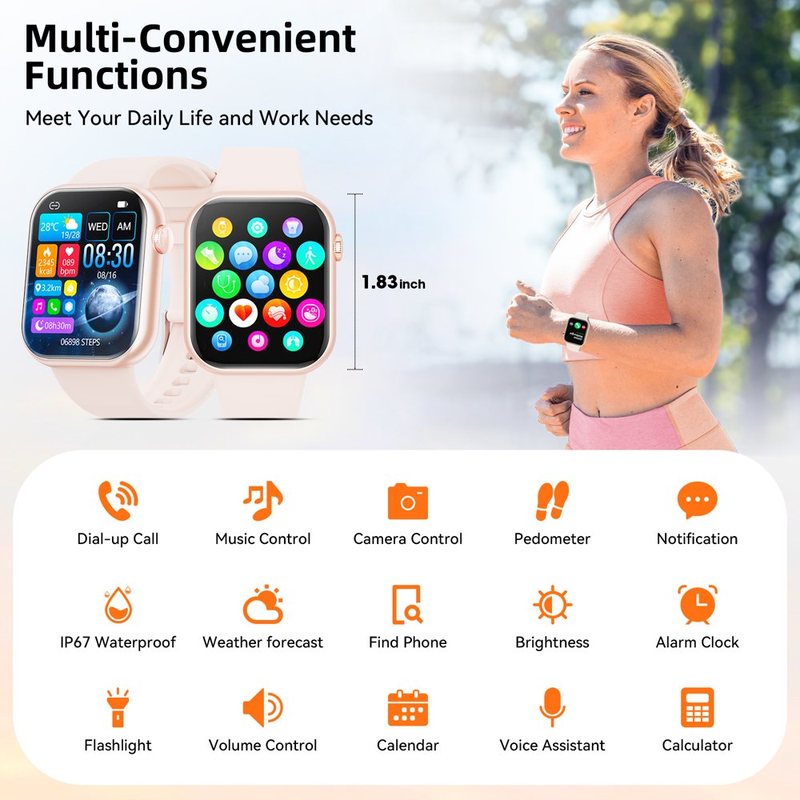 Skørter | Women's Smart Watch, 1.83 inch, IP67 Waterproof Outdoor Workout Tracker with AI