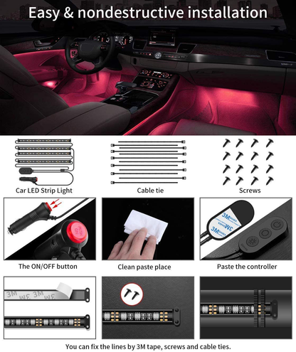 Skorter | Govee Interior Car Lights, LED Car Strip Lights with 2 Lines Waterproof Design, 48 LEDs App Control Car Light Kit, DIY Mode and Music Sync Under Dash Car Lighting with Car Charger, DC 12V