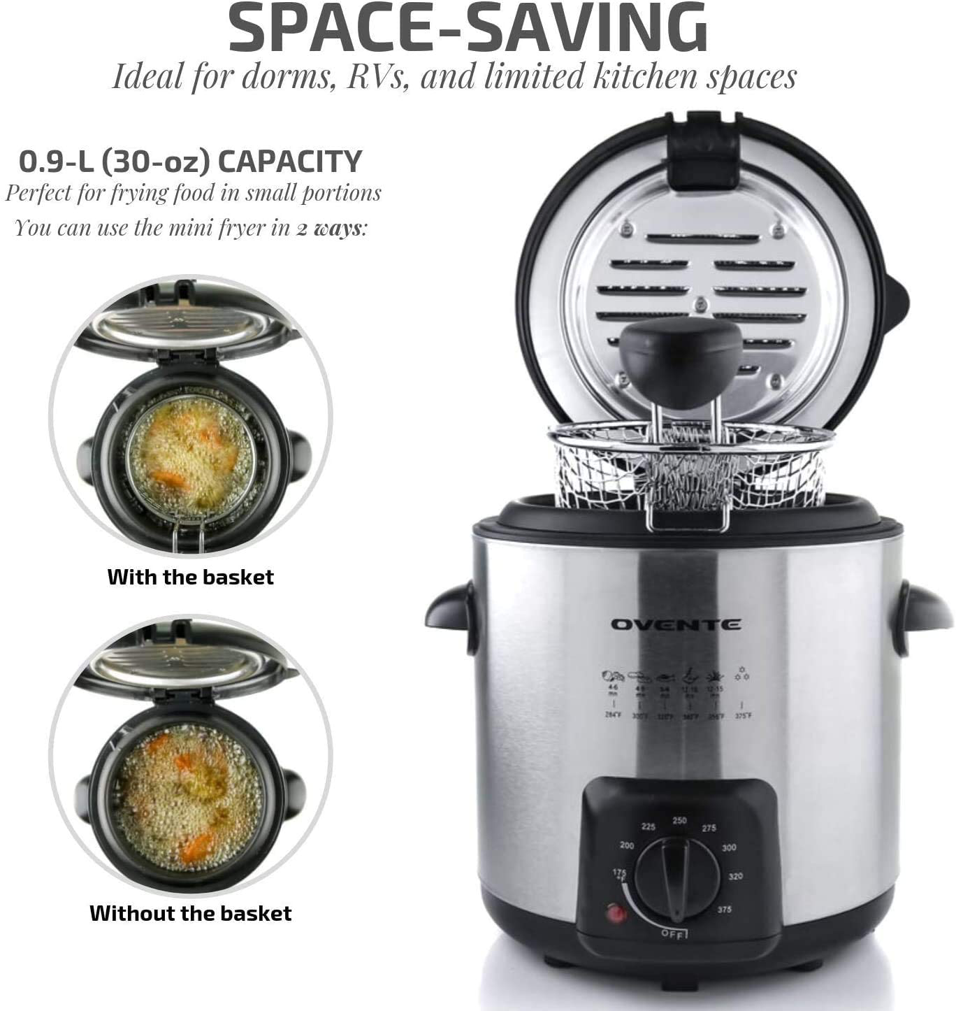 Skørter | Ovente Electric Oil Fryer 0.9 Liter with Stainless Steel Basket and Temperature Control, 840 Watt Power with Heating Element, Perfect for Chicken Fries Compact & Easy Storage, Silver FDM1091BR
