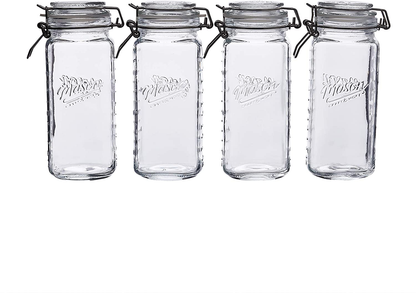 Skorter | Mason Craft & More Airtight Kitchen Food Storage Clear Glass Clamp Glass, 4 Pack of 22 Ounce (0.65 Liter) Mini Clamp Glass
