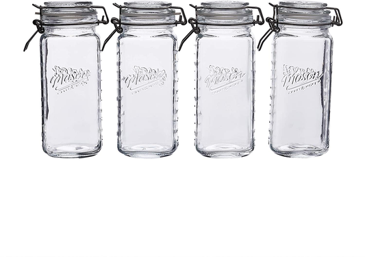 Skorter | Mason Craft & More Airtight Kitchen Food Storage Clear Glass Clamp Glass, 4 Pack of 22 Ounce (0.65 Liter) Mini Clamp Glass
