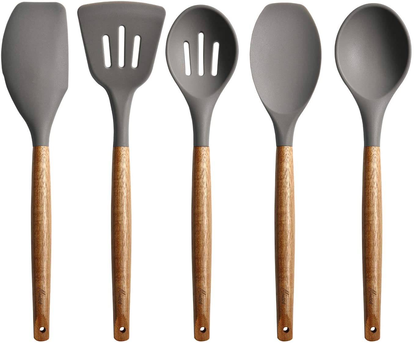 Skørter | Miusco Non-Stick Silicone Kitchen Utensil Set with Natural Acacia Hardwood Handle, 5 Double-Sided, Gray, High Heat Resistant
